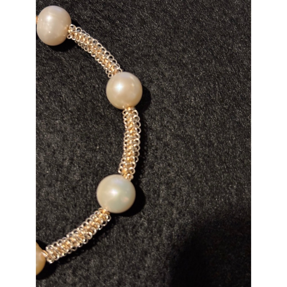 Natural Freshwater Pearl Gold Tone Woven Mesh Open Cuff Bracelet